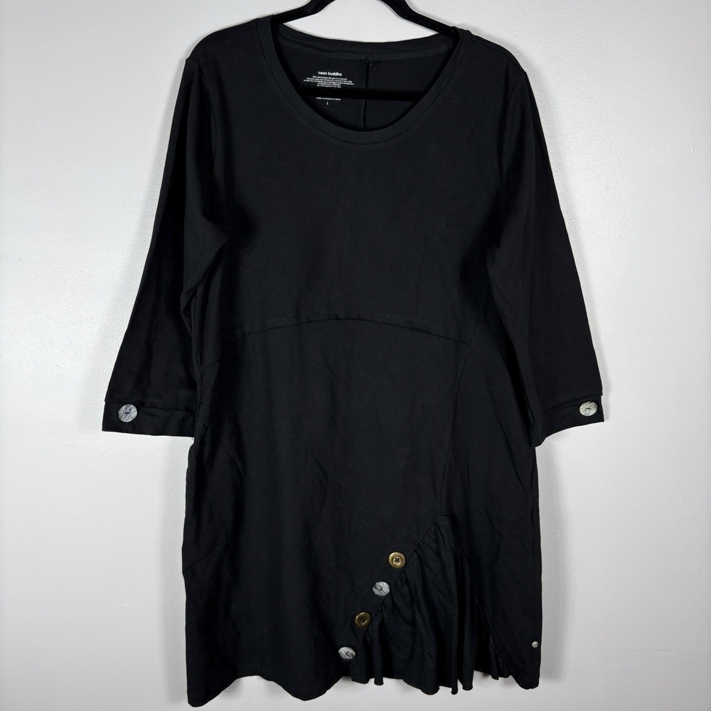 Neon Buddha Women's Large Black 3/4 Sleeve Ruffled Button A Line Shirt Dress